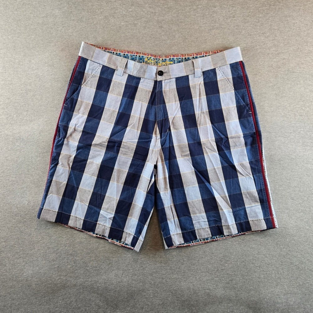 Robert Graham Plaid Shorts Mens 38 Blue‎ Gray Striped Designer Embroidered Hem